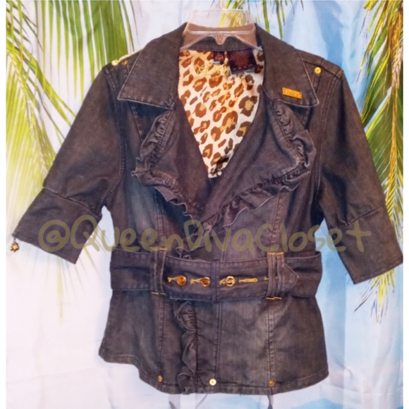 Dereon dark Rustic 3/4 sleeve crop belted denim jean trench jacket L - Picture 4 of 5